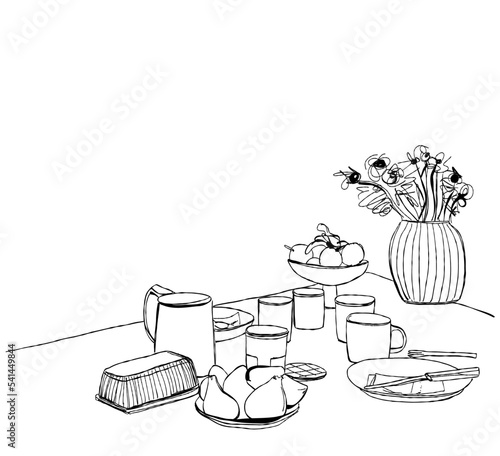 Hand Drawn wares. Romantic dinner. Food and drink on table
