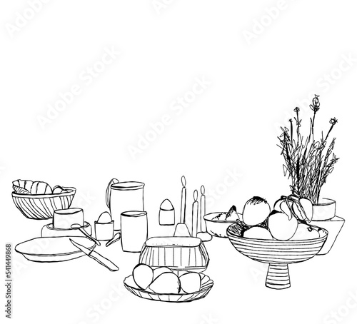 Hand Drawn wares. Romantic dinner. Food and drink on table