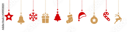 Hanging christmas icons. Christmas and New year greetings. Christmas tree, santa het, star, snowflake, bell, gift, deer, sock - stock vector.