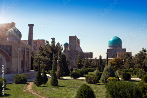 Panorama of Samarkand, Uzbekistan. Parks and pedestrian streets are visible. 15th century Bibi Khanym historical complex is visible in distance