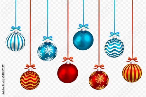 Set of realistic vector christmas ornaments, red and blue, on transparent background. photo