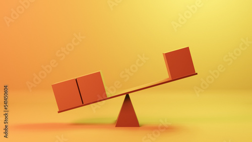 Unbalanced, inequality or instability concept with libra, scale and cubes in realistic orange yellow studio interior