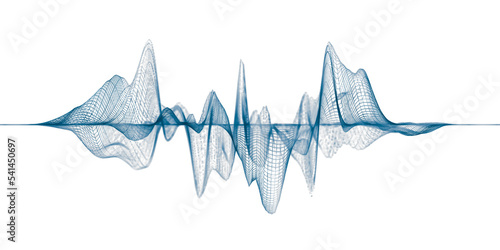 Blue abstract wireframe sound waves, visualization of frequency signals audio wavelengths, conceptual futuristic technology waveform on white background with copy space for text photo