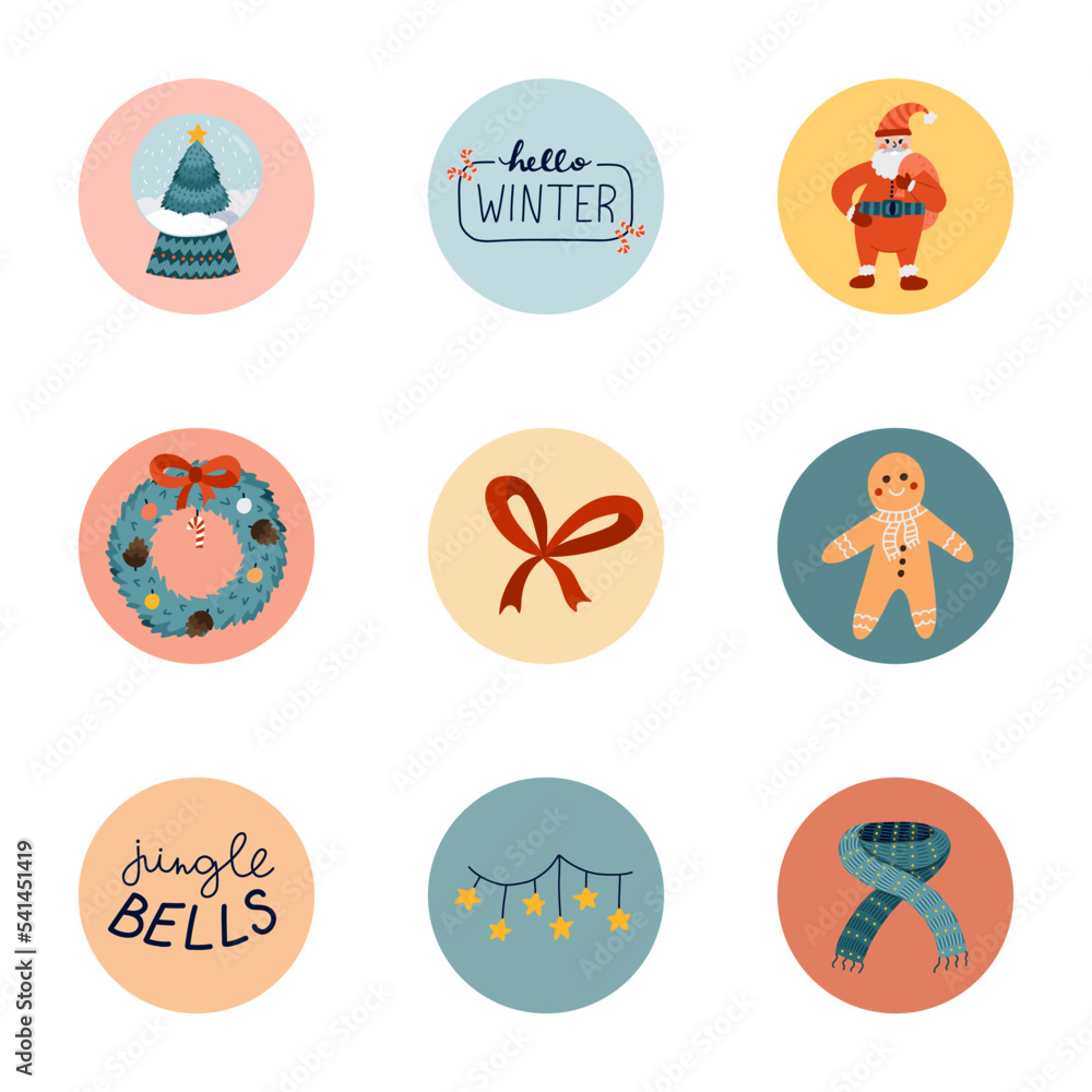 Cute highlights for different social media, bloggers, companies about Merry Christmas, winter, holiday, New Year. Set for social media with vector hand drawn clipart illustrations in bright palette. Cute highlights for different social media, bloggers, companies about Merry Christmas, winter, holiday, New Year. Set for social media with vector hand drawn clipart illustrations in bright palette.