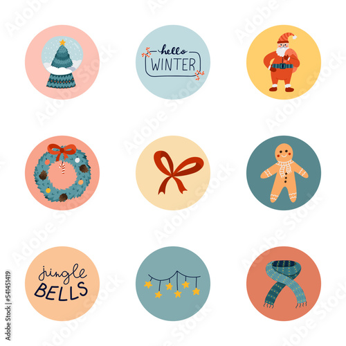 Cute highlights for different social media, bloggers, companies about Merry Christmas, winter, holiday, New Year. Set for social media with vector hand drawn clipart illustrations in bright palette.