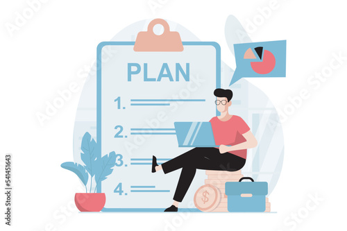 Business making concept with people scene in flat design. Businessman analyzes data and makes checklist with development plan and strategic tasks. Vector illustration with character situation for web