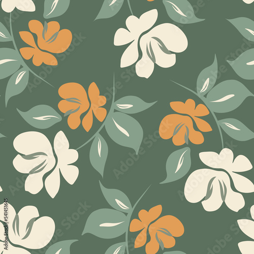 Botanical vector floral seamless pattern. Beige and warm light brown flowers on a muted sage green background