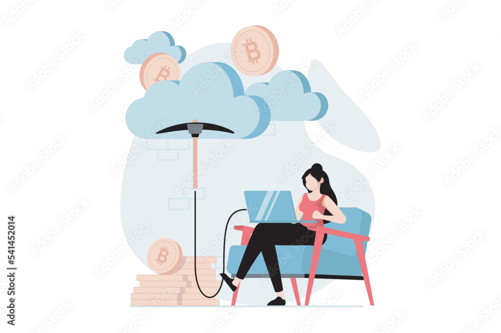 Cryptocurrency mining concept with people scene in flat design. Woman miner mines bitcoin and other crypto coins using laptop and cloud computing. Vector illustration with character situation for web Cryptocurrency mining concept with people scene in flat design. Woman miner mines bitcoin and other crypto coins using laptop and cloud computing. Vector illustration with character situation for web