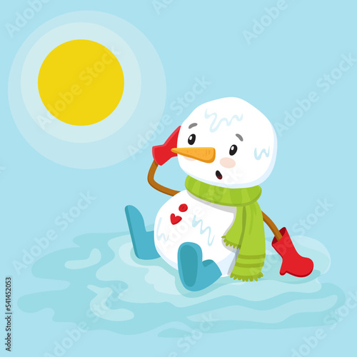 cartoon snowman melting. Sad snowman character in spring.Vector illustration