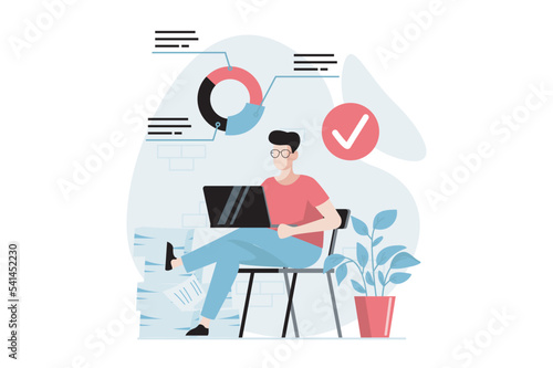 Data analysis concept with people scene in flat design. Man researching statistics and data in diagram, plans and creates strategy for business. Vector illustration with character situation for web © alexdndz