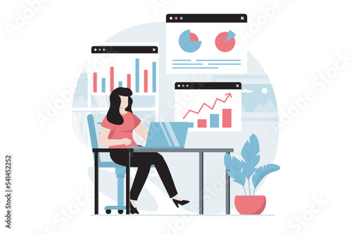 Data analysis concept with people scene in flat design. Woman researching statistics in diagrams and graphs, works with information on screens. Vector illustration with character situation for web