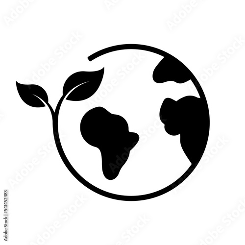 Earth Eco with Plant Silhouette Icon. Ecology Planet and Leaf Glyph Pictogram. Save Ecological Green World Icon. Nature Care Concept. Environmental Conservation. Isolated Vector Illustration