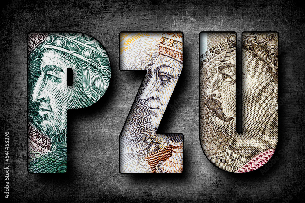 Inscription PZU (insurance company) made of Polish Banknotes Stock-Foto ...