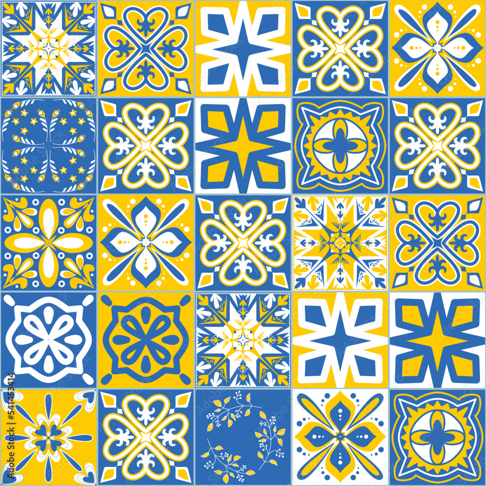 Ceramic tiles for wall and floor decoration, blue yellow white color, symmetrical pattern vector illustration Ceramic tiles for wall and floor decoration, blue yellow white color, symmetrical pattern vector illustration
