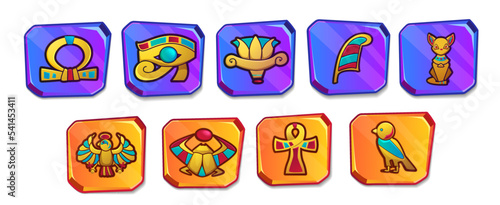 Cartoon egyptian culture religious symbols. Ancient Egypt icons for game user interface. Vintage objects of bastet cat goddess, eye of horus, scarab, ankh cross, lotus, ra and ibis. Protective amulet.