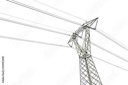 Photography of a High voltage tower, power line with electric cables and insulators. Isolated on transparent or white background, png.
