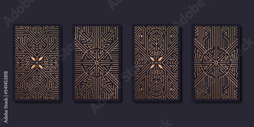 Set of vector decorative tarot cards design templates. Art deco line golden style. Astrology or sacred geometry poster. Magic occult, esoteric boho aesthetic