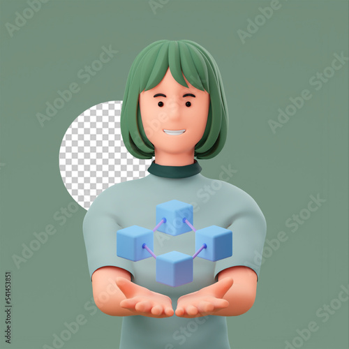 3D cartoon Illustration cute girl showing block chain in her hand