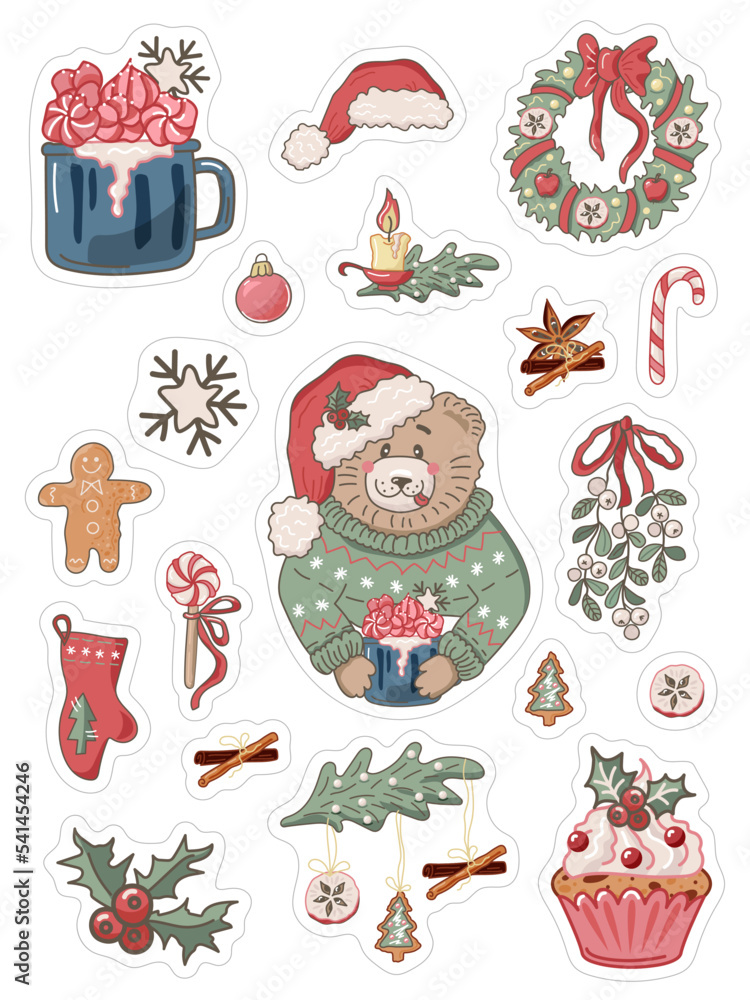 Stickers set with bear, winter hot drink, cupcake, mistletoe, Santa hat, christmas wreath. Vector illustration.