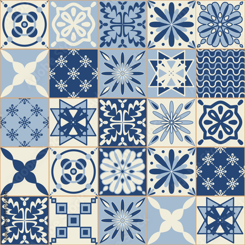 Blue monochrome ceramic tiles, square tiles with floral pattern, stylish design element for interior decoration