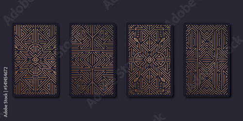 Set of vector decorative tarot cards design templates. Art deco line golden style. Astrology or sacred geometry poster. Magic occult, esoteric boho aesthetic