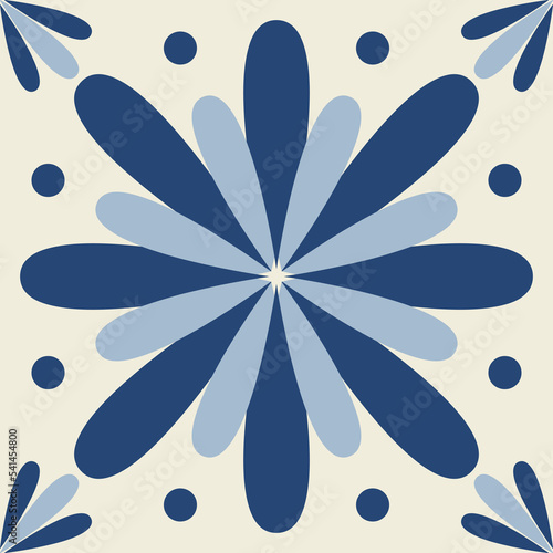Blue ceramic tile, flower pattern symmetrical geometric flower, square ceramic tile