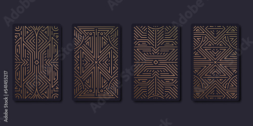 Set of vector decorative tarot cards design templates. Art deco line golden style. Astrology or sacred geometry poster. Magic occult, esoteric boho aesthetic