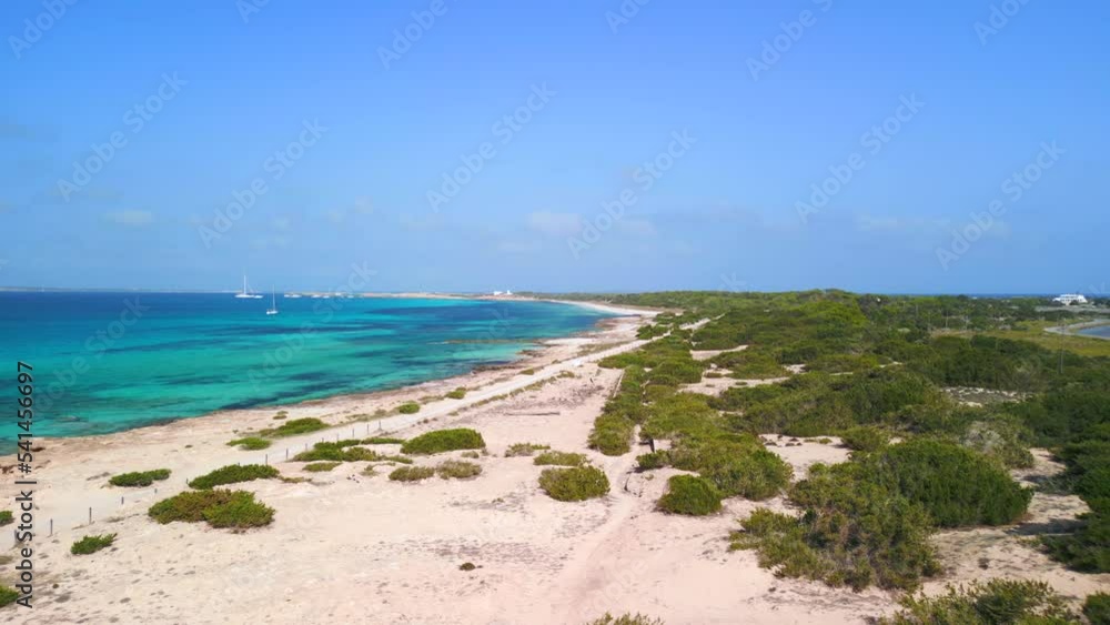 sand dunes green bushes at rocky paradise bay.Smooth aerial view flight boom slide to left droneof dream beach Formentera at summer 2022. 4k Cinematic sand dunes green bushes at rocky paradise bay.Smooth aerial view flight boom slide to left droneof dream beach Formentera at summer 2022. 4k Cinematic