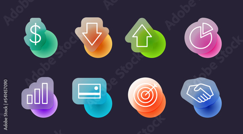 Business icons set in glassmorphic style. Transparent blur glass effect icons. Vector illustration