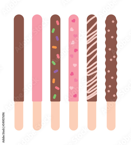 Set of colorful  cute  sweet chocolate stick sweets illustrations. Baking for events  parties  and gifts.