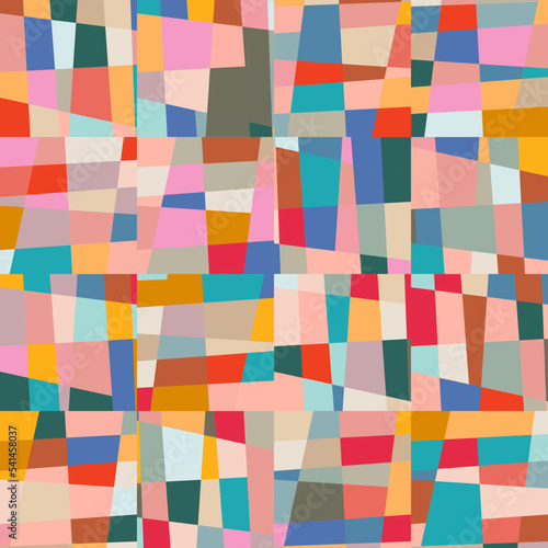 Abstract geometric vector background with random pattern of simple shapes like rectangle, square, triangle and polygon. Pastel colored retro style colorful mosaic.