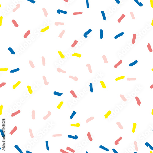 Vector organic seamless abstract background, party confetti pattern. Colorful pastel colored mosaic of simple shapes on white background.