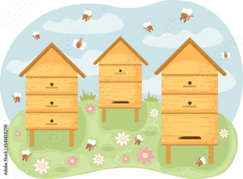 Beehives with bees in a clearing. Spring illustration depicting wooden beehives standing in a clearing and bees flying around them. Flower meadow with beehives. Vector
