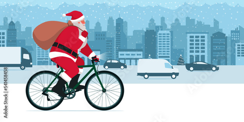 Santa Claus riding a bicycle and carrying a sack
