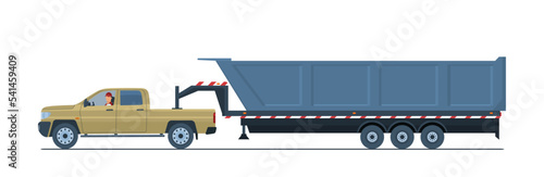 Pickup truck with a large tipper trailer and a male driver. Vector illustration.