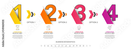 Vector timeline infographics with four steps, icons, flowchart, workflow and process infographic. Illustration template with arrows.