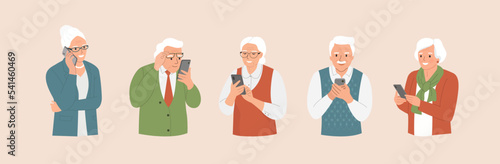 Different elderly women and men look into the smartphone and talking on the smartphone  Vector flat style  illustration