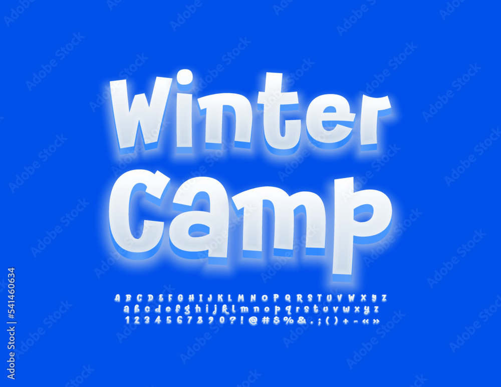 Vector funky emblem Winter port. White glowing Font. Artistic style Alphabet Letters, Numbers and Symbols set