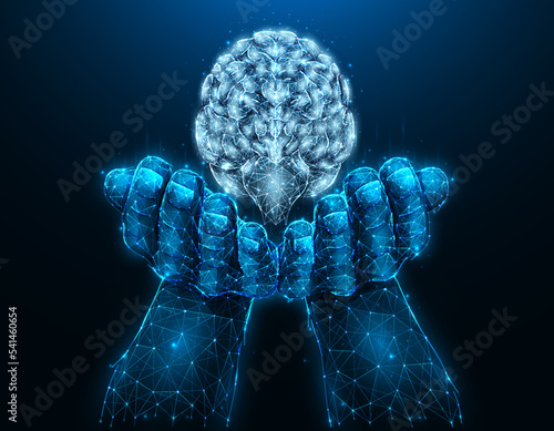 Polygonal vector illustration of a hand with a human brain. Donor low poly art. Organ donation concept. Medical banner, template or background.
