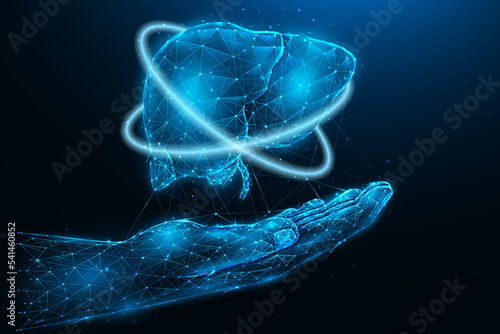 Polygonal vector illustration of a hand with a human liver. Liver recovery. Organ donation concept. Medical banner, template or background.