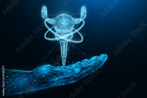 Polygonal vector illustration of a hand with a human uterus. Recovery of the female uterus. Organ donation concept. Medical banner, template or background.