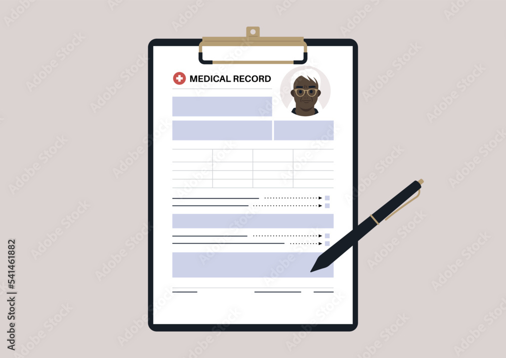 A senior patient's medical chart clipped to a clipboard A senior patient's medical chart clipped to a clipboard