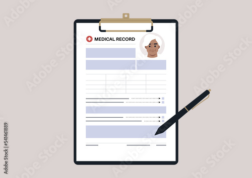 A senior patient's medical chart clipped to a clipboard