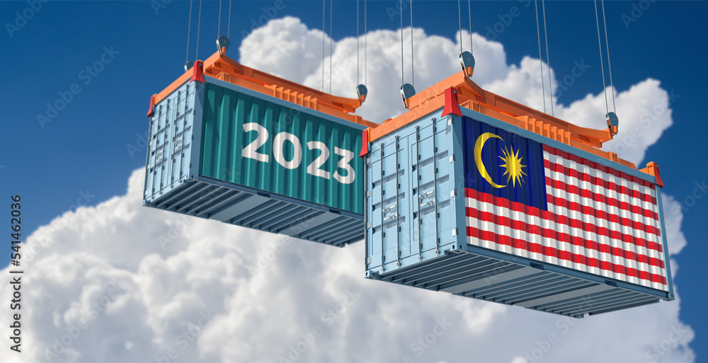 Trading 2023. Freight container with Malaysia national flag. 3D Rendering 