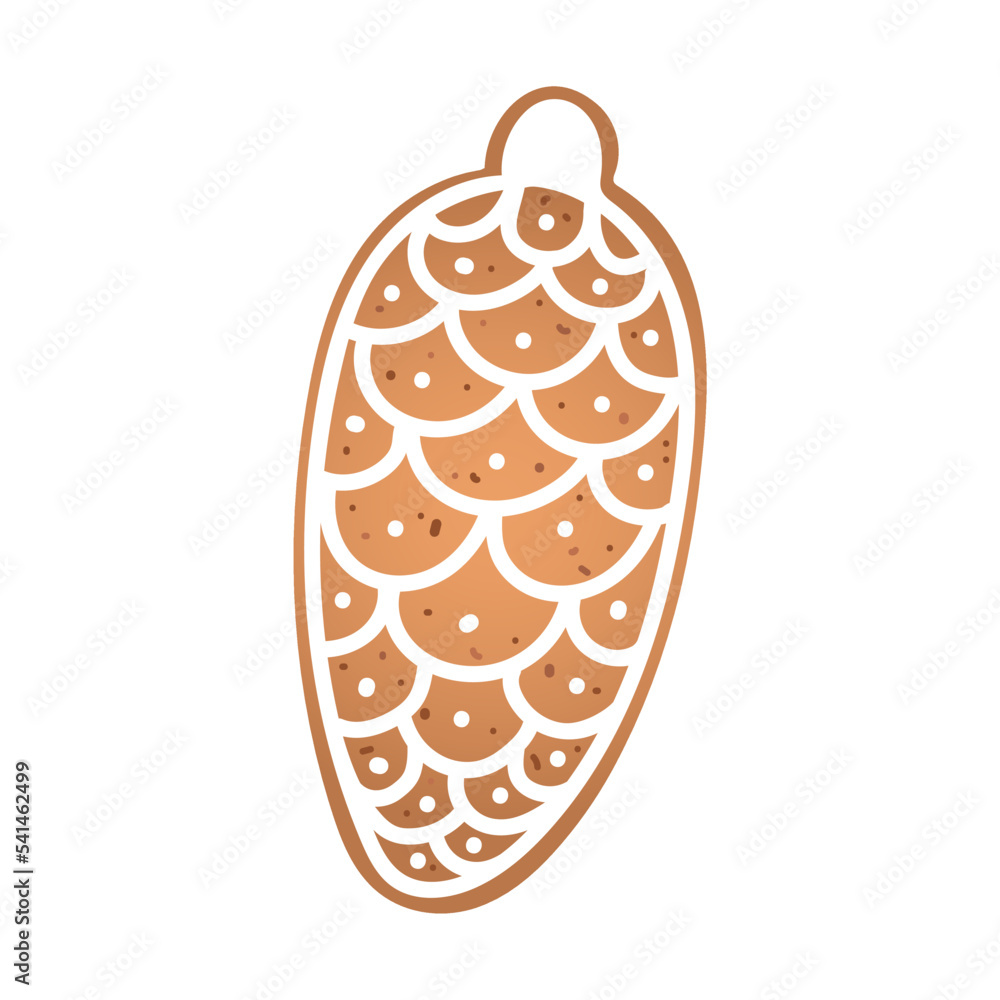 Holiday gingerbread cookie in shape of fir cone with white icing. Vector illustration in flat style Holiday gingerbread cookie in shape of fir cone with white icing. Vector illustration in flat style
