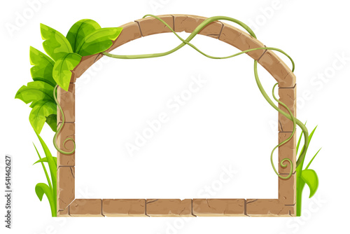 Stone brick arch frame border jungle decorated with liana, tropical leaves and grass ancient medieval in cartoon style, isolated on white background. Game decoration, menu