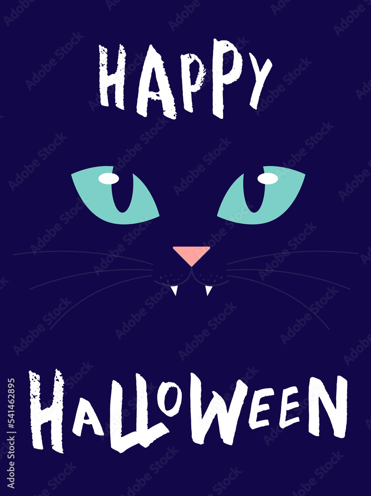 Halloween poster design in cartoon style with black cat and lettering. Halloween party invitation, banner or greeting card. Vector illustration in flat style.