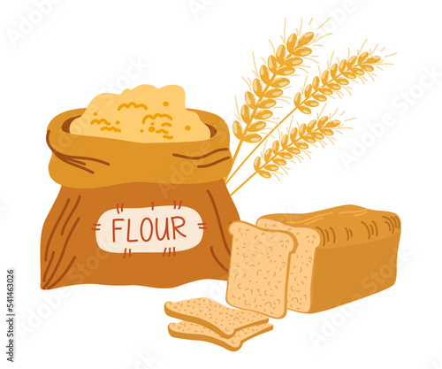 Bags flour, wheat ears and bread. Wheat, rye, rye ear, symbol of farming, bread, harvest. Whole grain, yeast baked bread. food sign. Whole stems, an organic vegetarian element. Vector illustration.