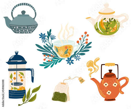 Herbal tea set. Mug with tea berries and leaves collection. Hot natural drink for health. Pharmacist of natural wellness poster, organic, herbal tea, wild flowers and herbs. Vector illustration