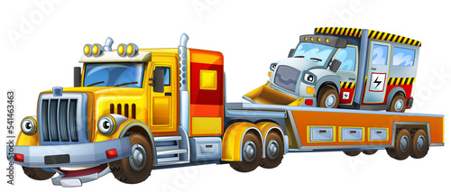 cartoon tow truck driving with other car illustration